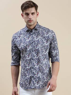 men's long sleeves floral navy blue shirt 2