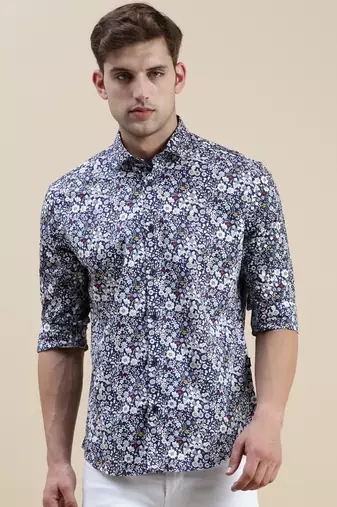 men's long sleeves floral navy blue shirt