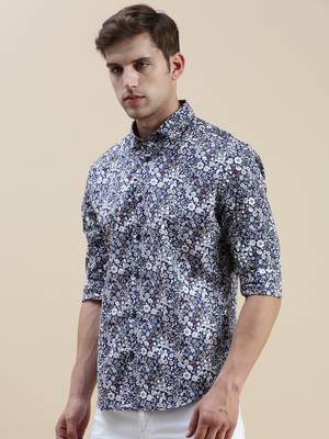 men's long sleeves floral navy blue shirt 3