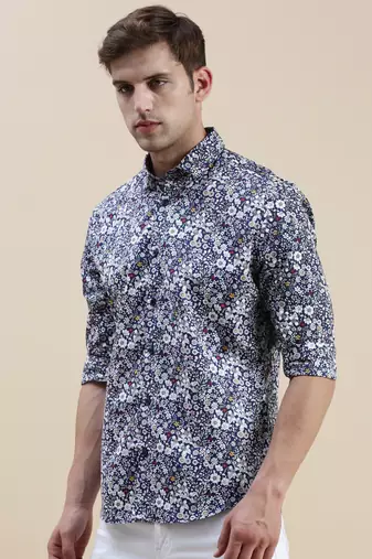 men's long sleeves floral navy blue shirt