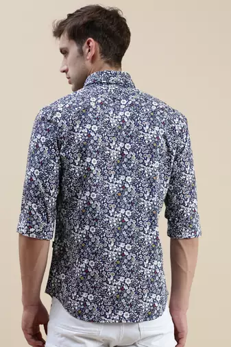 men's long sleeves floral navy blue shirt