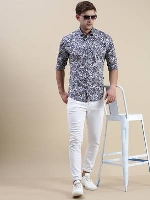 men's long sleeves floral navy blue shirt 5