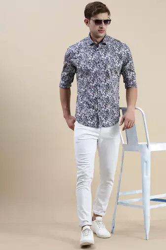 men's long sleeves floral navy blue shirt