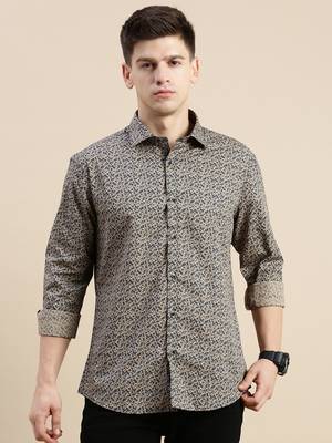 men's long sleeves floral beige shirt 2