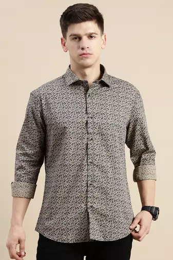 men's long sleeves floral beige shirt