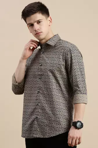men's long sleeves floral beige shirt