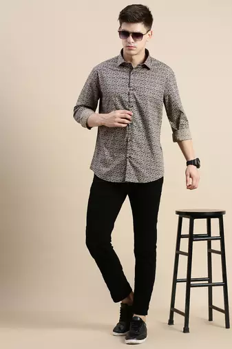 men's long sleeves floral beige shirt