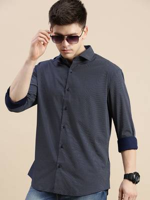 men's long sleeves polka dots navy blue shirt 1
