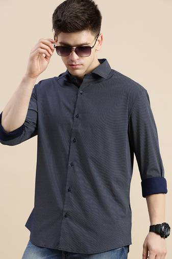 men's long sleeves polka dots navy blue shirt