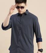 men's long sleeves polka dots navy blue shirt