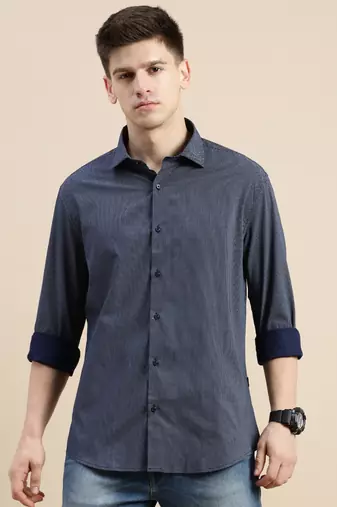 men's long sleeves polka dots navy blue shirt