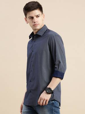 men's long sleeves polka dots navy blue shirt 3
