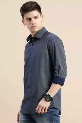 men's long sleeves polka dots navy blue shirt