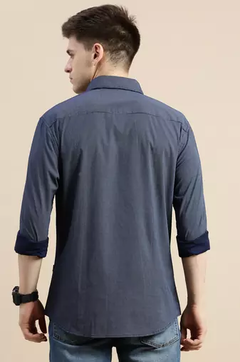 men's long sleeves polka dots navy blue shirt