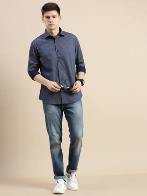 men's long sleeves polka dots navy blue shirt 5