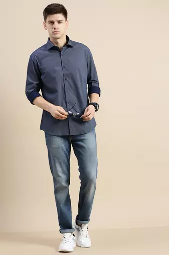 men's long sleeves polka dots navy blue shirt