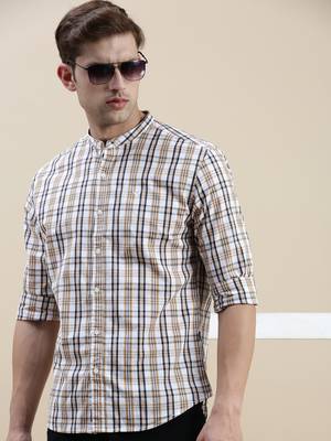 Showoff men's long sleeves gingham checks white shirt 1