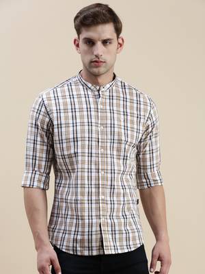 Showoff men's long sleeves gingham checks white shirt 2