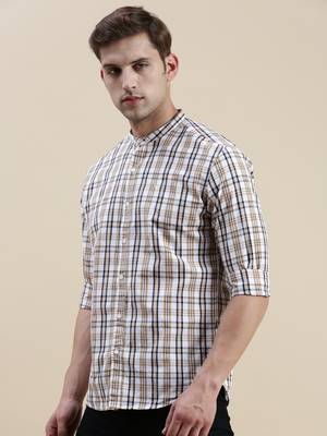 Showoff men's long sleeves gingham checks white shirt 3