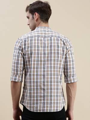 Showoff men's long sleeves gingham checks white shirt 4