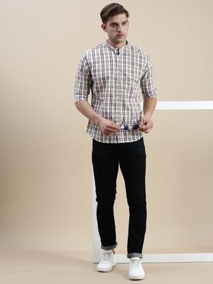 Showoff men's long sleeves gingham checks white shirt 5