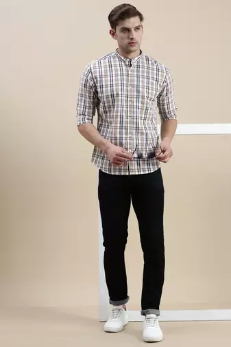Showoff men's long sleeves gingham checks white shirt