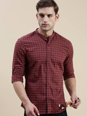 men's long sleeves gingham checks maroon shirt 1