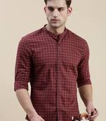 men's long sleeves gingham checks maroon shirt