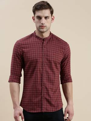 men's long sleeves gingham checks maroon shirt 2