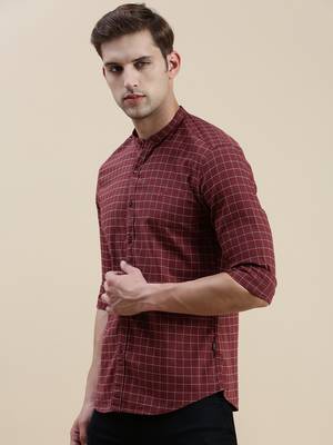 men's long sleeves gingham checks maroon shirt 3