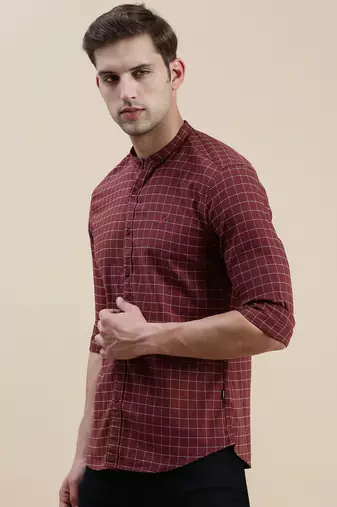 men's long sleeves gingham checks maroon shirt