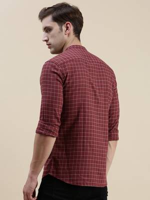 men's long sleeves gingham checks maroon shirt 4