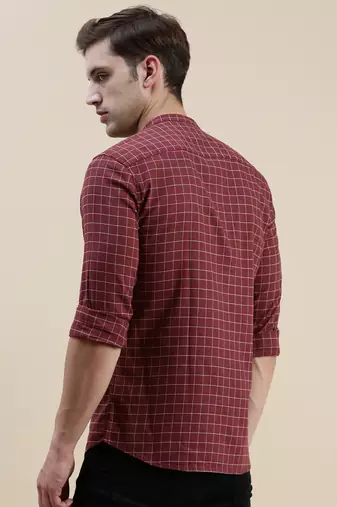 men's long sleeves gingham checks maroon shirt