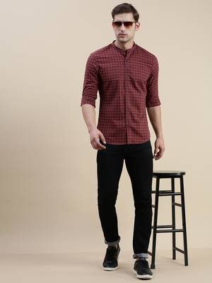 men's long sleeves gingham checks maroon shirt 5