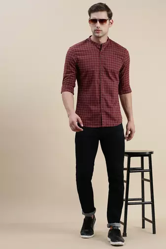 men's long sleeves gingham checks maroon shirt