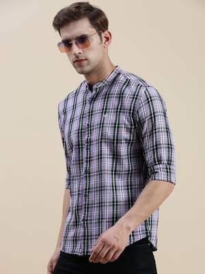 men's long sleeves gingham checks lavender shirt 1