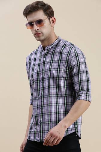 men's long sleeves gingham checks lavender shirt