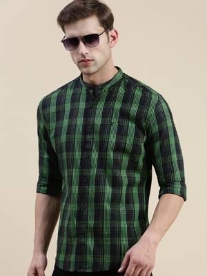 men's long sleeves gingham checks black shirt 1
