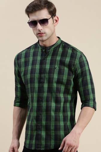 men's long sleeves gingham checks black shirt