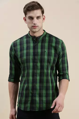 men's long sleeves gingham checks black shirt