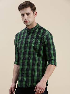 men's long sleeves gingham checks black shirt 3