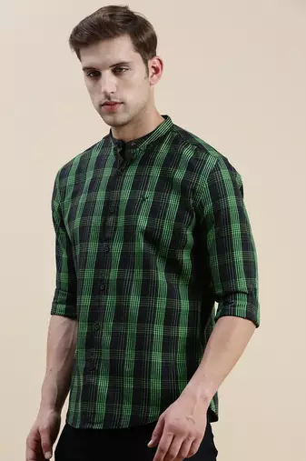 men's long sleeves gingham checks black shirt