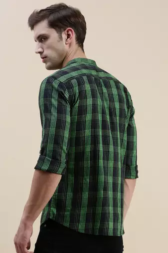 men's long sleeves gingham checks black shirt