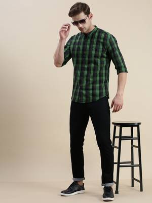 men's long sleeves gingham checks black shirt 5
