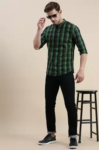 men's long sleeves gingham checks black shirt