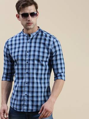 men's long sleeves gingham checks blue shirt 1
