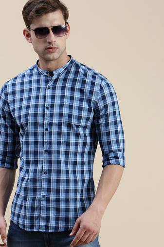 men's long sleeves gingham checks blue shirt