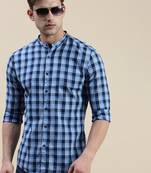 men's long sleeves gingham checks blue shirt