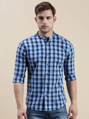 men's long sleeves gingham checks blue shirt 2