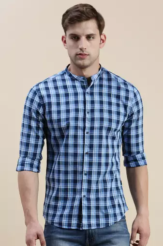men's long sleeves gingham checks blue shirt